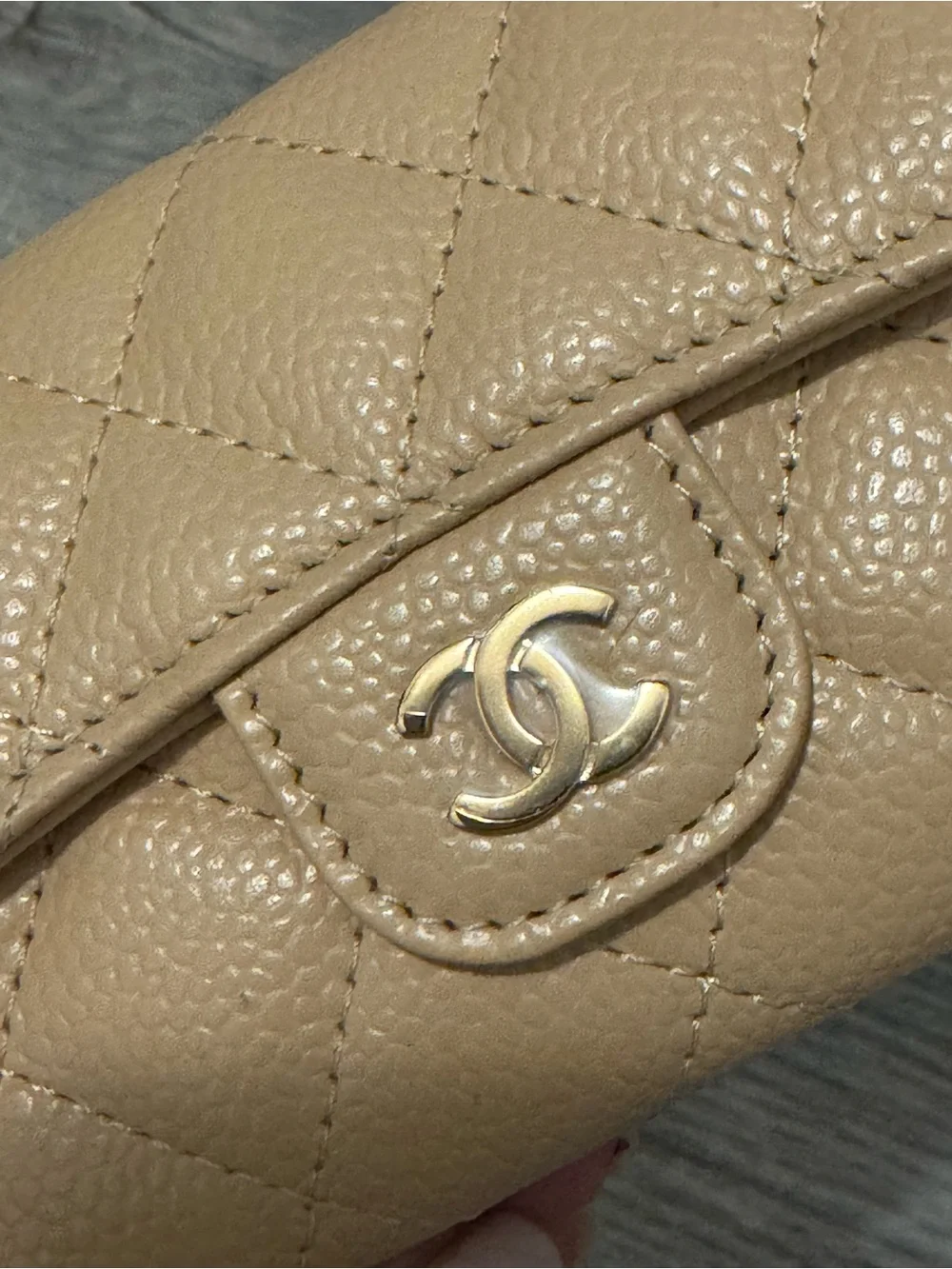 CHANEL Tan Quilted Caviar Leather Card Wallet with Gold CC